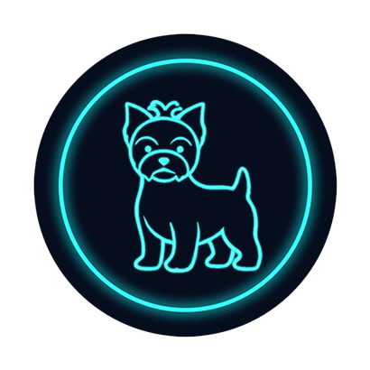 Yorkie Rehoming & Adoptions logo featuring a stylized Yorkshire Terrier in a circular frame with a vibrant turquoise glow.