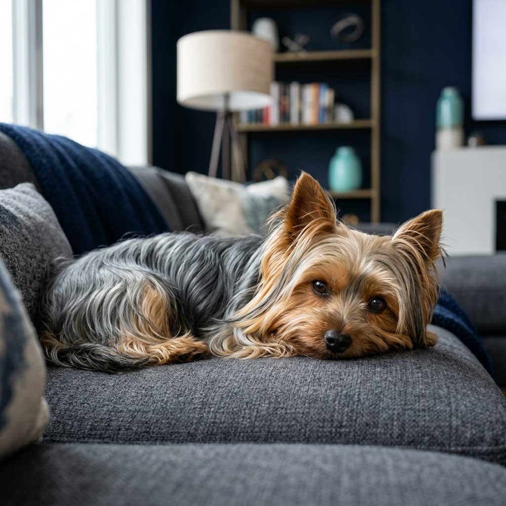 A pampered traditional Yorkshire Terrier resting calmly on a comfortable home couch, representing stress-free home-to-home rehoming.