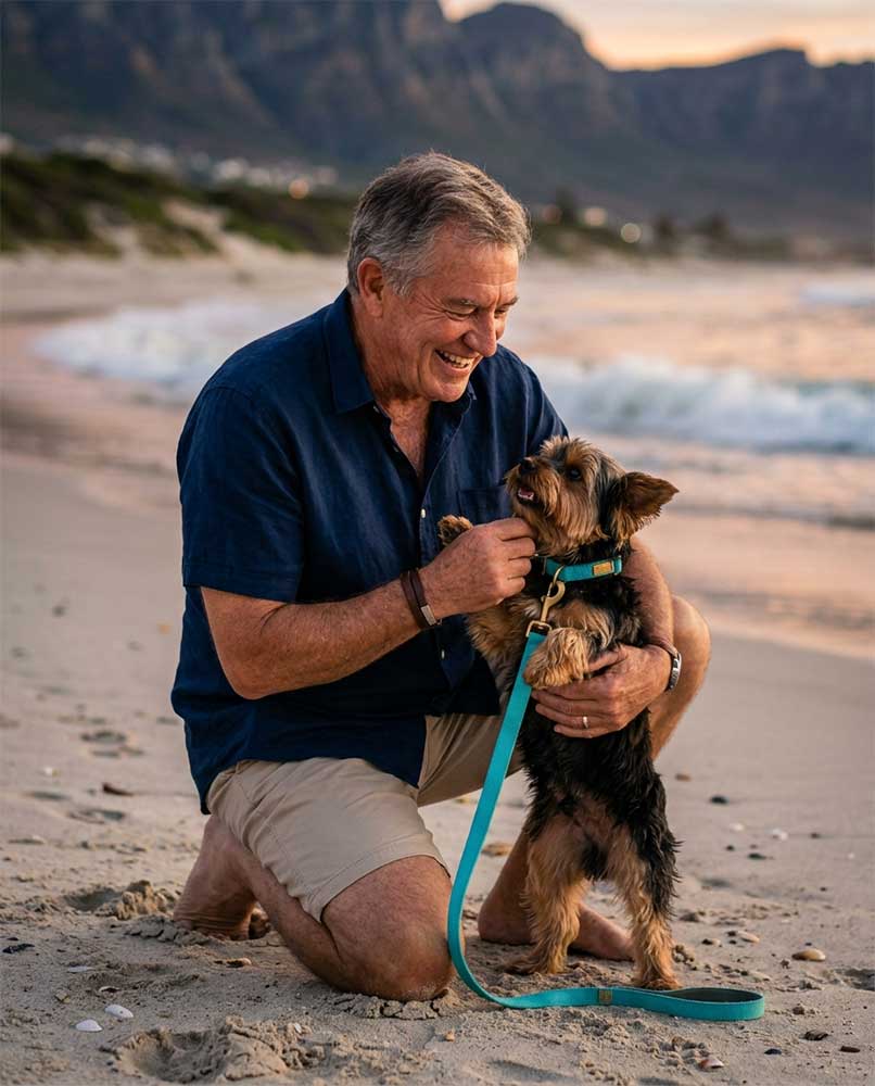 Smiling man interacting playfully with a black and gold Yorkshire Terrier on a beach at dusk. Yorkie Rehoming