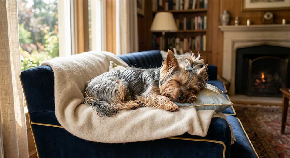 Relaxed Yorkshire Terrier sleeping peacefully on a plush couch, representing the 100 percent cage-free, home-to-home handover.
Yorkie Rehoming South Africa