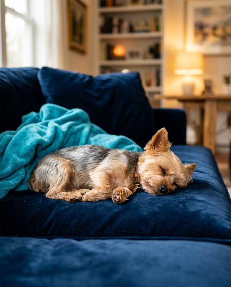 Perfectly groomed Yorkshire Terrier sleeping peacefully on a plush midnight navy blue velvet couch. SA Yorkie Rehoming