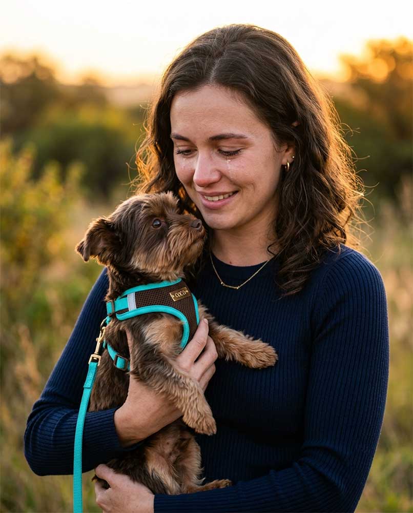 Caring young woman gently holding a rare Chocolate Yorkshire Terrier outdoors during golden hour.