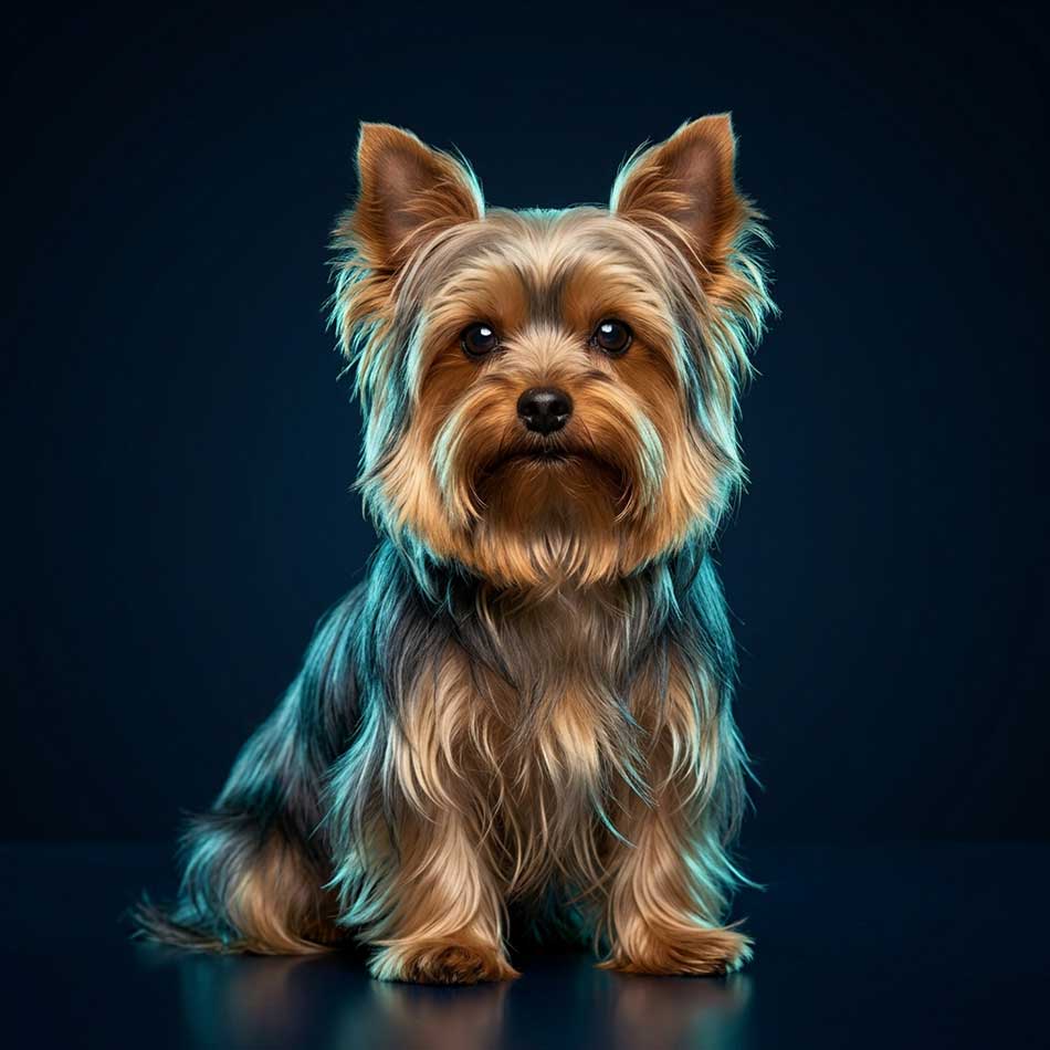 How to rehome a Yorkie in South Africa. Groomed female traditional Yorkshire Terrier sitting gracefully against a midnight navy background with turquoise rim lighting.