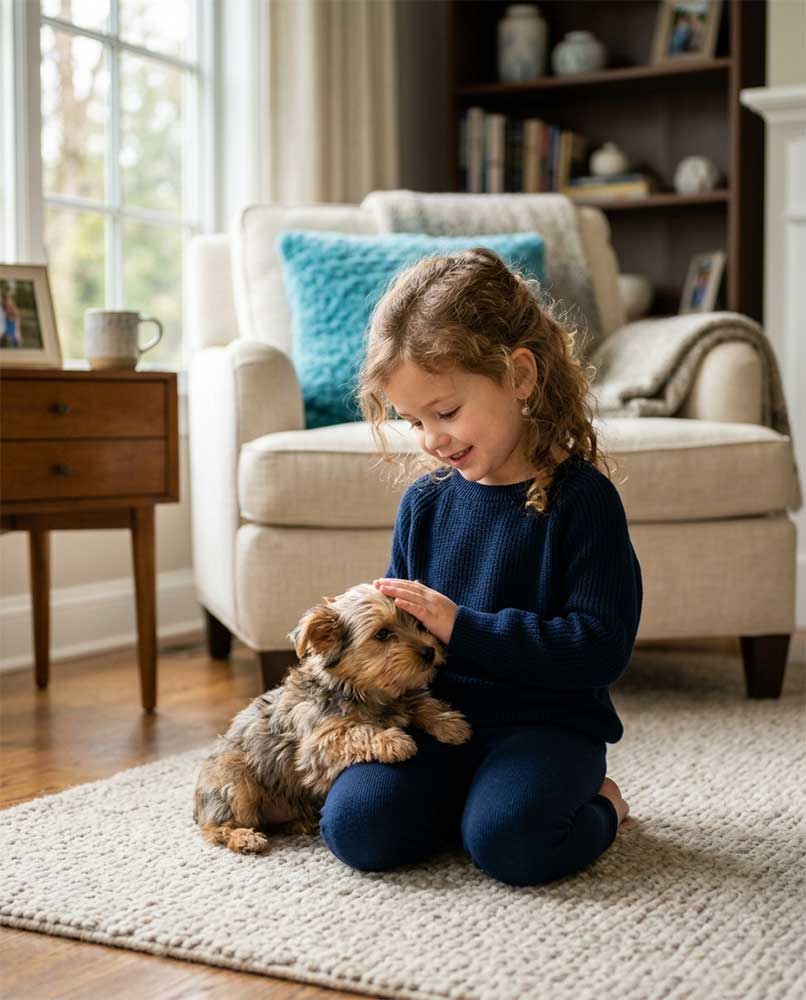 Sweet young child gently petting a small Yorkshire Terrier puppy in a cozy, sunlit living room.