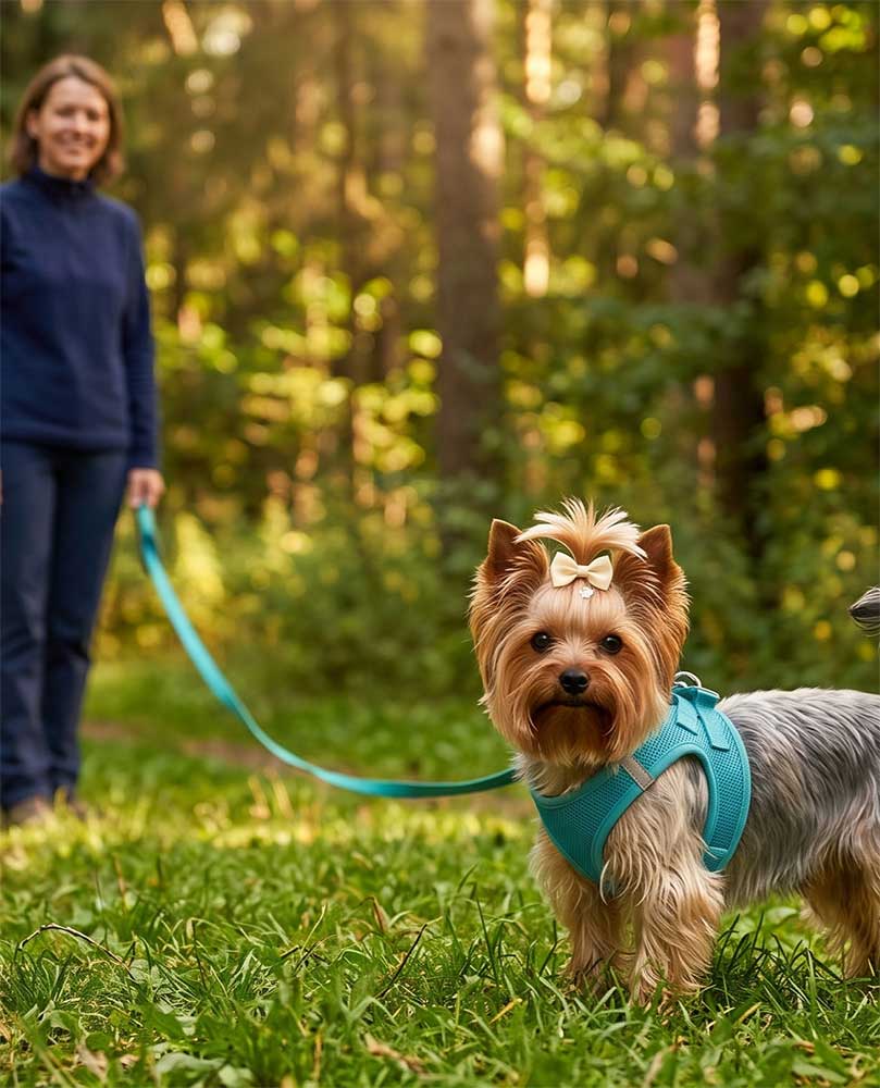 Happy Yorkshire Terrier wearing a turquoise harness standing on a nature trail next to its new owner. Yorkie Rehoming South Africa