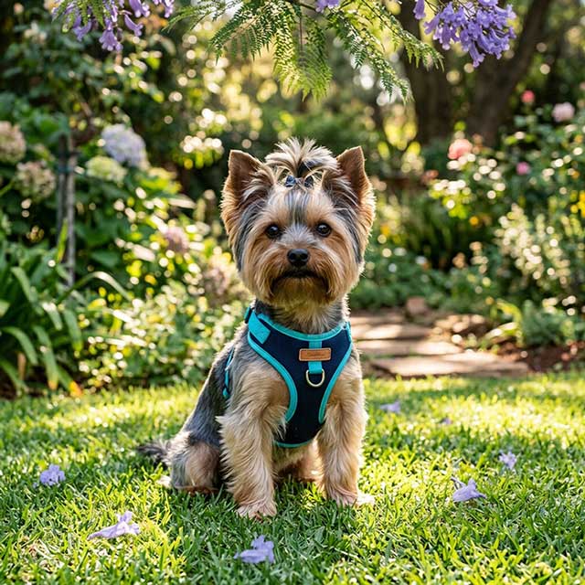 Rehome a Yorkie in Pretoria. Traditional Yorkshire Terrier sitting gracefully on a sunny estate lawn in Pretoria East.