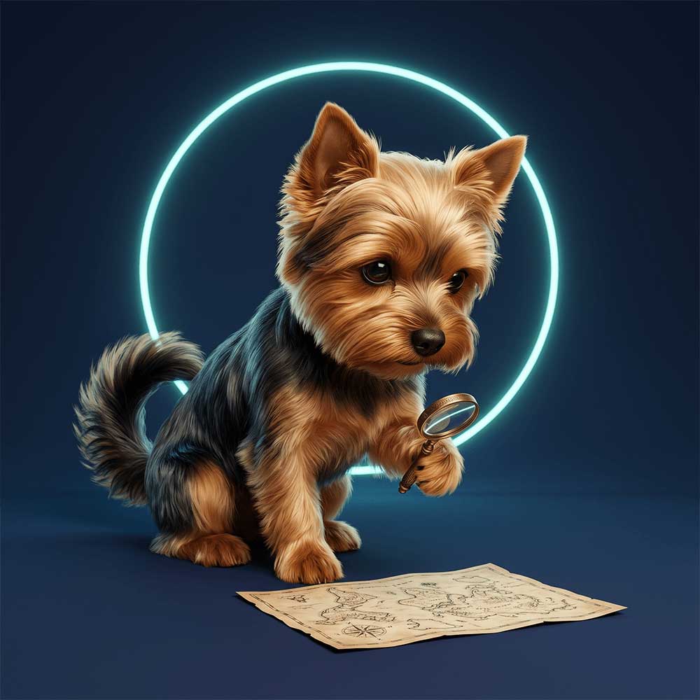 SA Yorkie Rehoming 404 error page featuring a cute Yorkshire Terrier looking for a lost page with a magnifying glass.