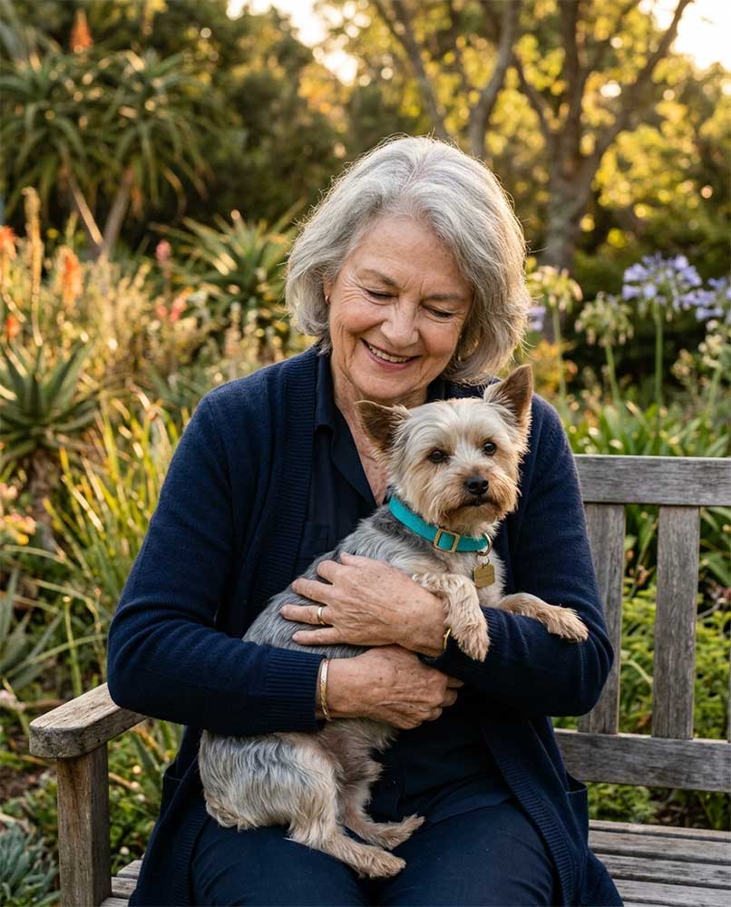 Senior woman lovingly holding a mature silver and tan Yorkshire Terrier in a garden. Yorkie Rehoming