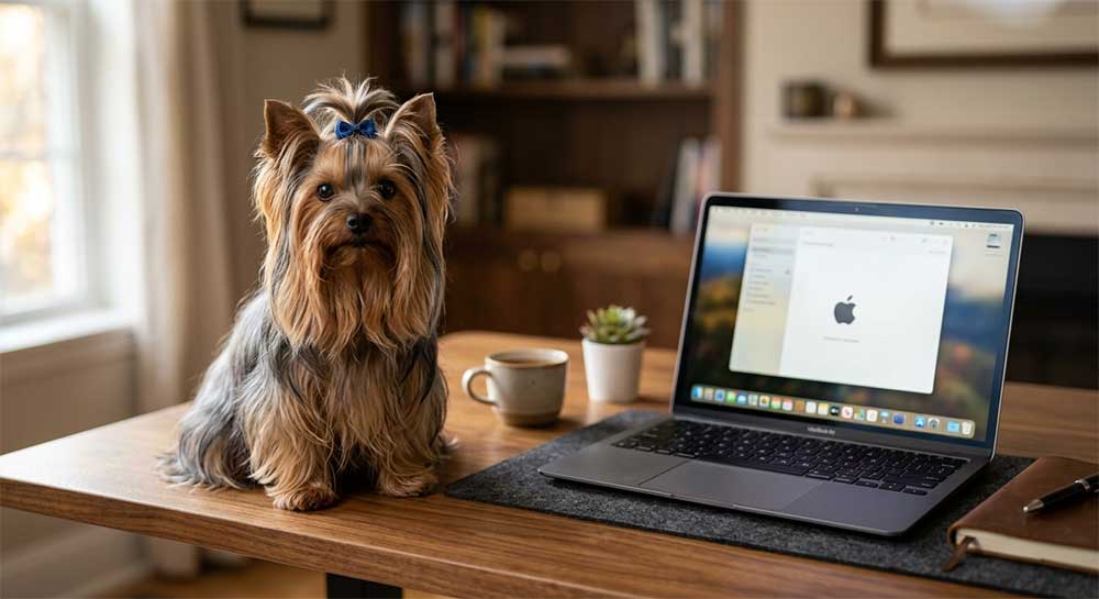 orkshire Terrier sitting calmly next to a laptop, representing the secure online rehoming application process in South Africa.