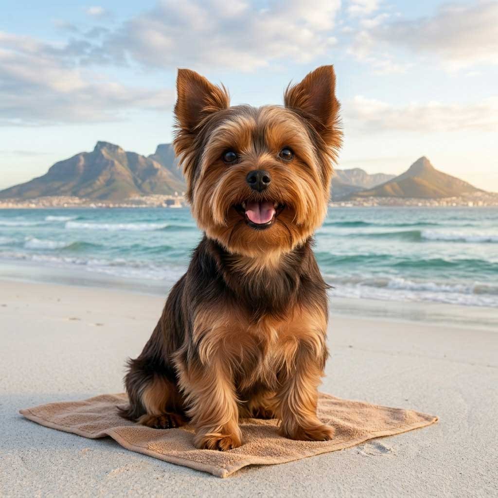 Rehome a Yorkshire Terrier in the Western Cape.
A happy, well-groomed Chocolate Tan Yorkshire Terrier smiling with upright ears on a Cape Town estate platform, with Table Mountain silhouette visible.