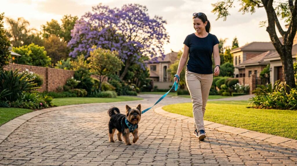 Yorkshire Terrier enjoying a quiet walk inside a secure residential estate in Pretoria.