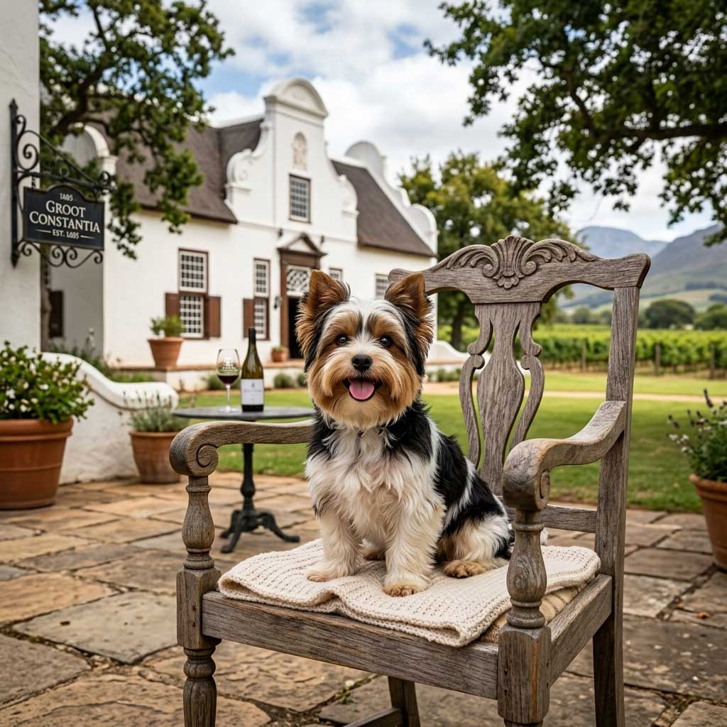 A joyful, tri-color Biewer Yorkshire Terrier smiling against a moody teal background with a subtle Stellenbosch Cape Dutch house silhouette.