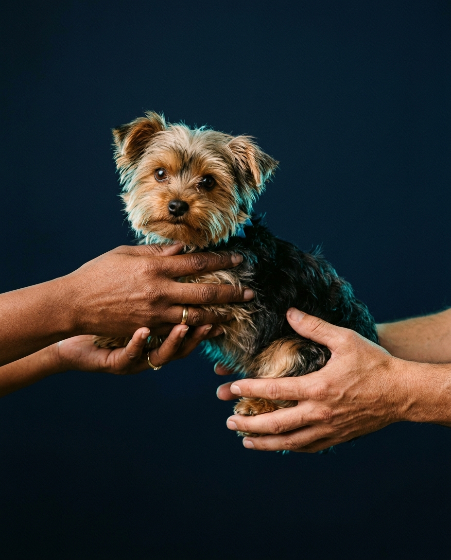 Yorkie Rehoming Reviews: A Yorkshire Terrier being handed between trusted hands, representing SA Yorkie Rehoming's trusted placement process