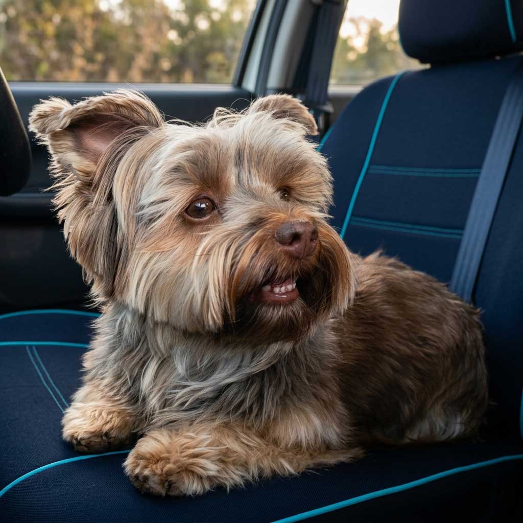 About Yorkie Rehoming: A female Yorkshire Terrier sitting comfortably on a midnight navy and turquoise car seat, looking alert and relaxed, representing a safe and stress-free home-to-home rehoming process with SA Yorkie Rehoming.