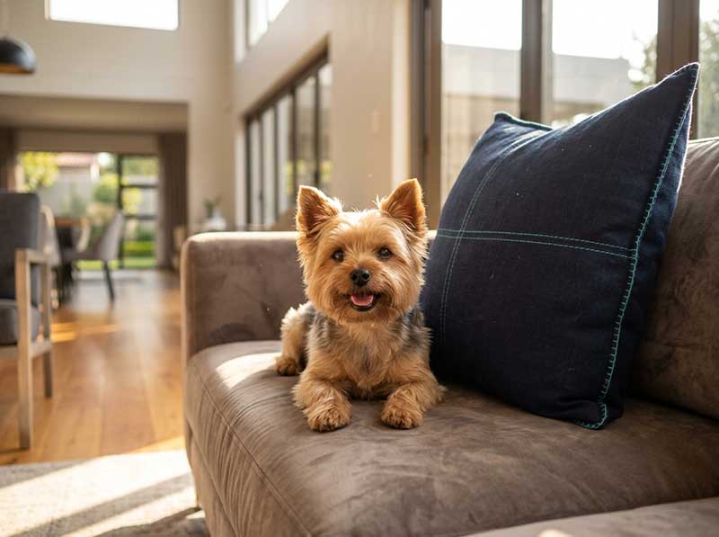 Yorkshire Terrier resting comfortably on a lounge couch in a private home setting in Sandton.
Rehome a Yorkie in Johannesburg.