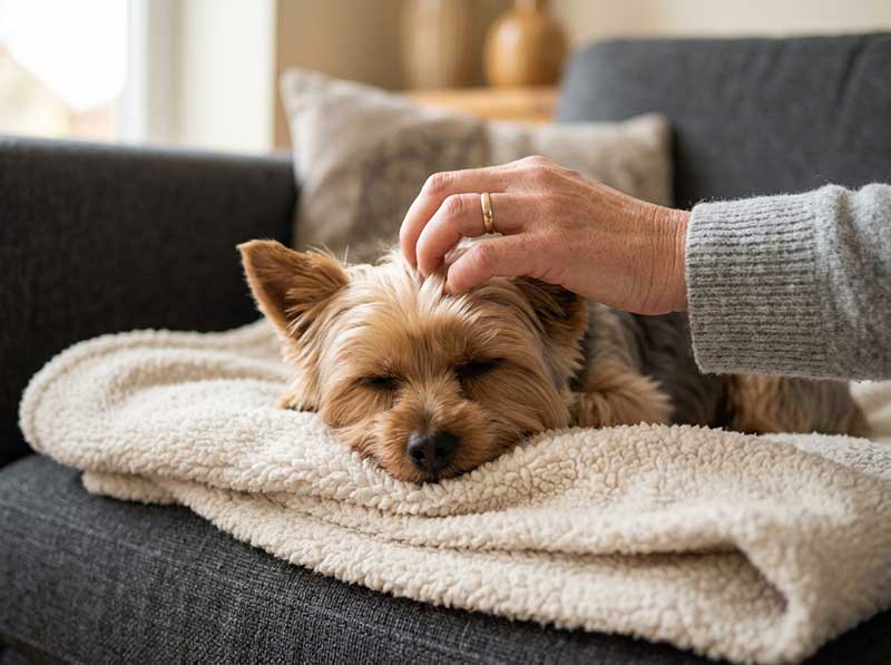 Gentle hand stroking a calm Yorkshire Terrier resting on a soft blanket inside a home.