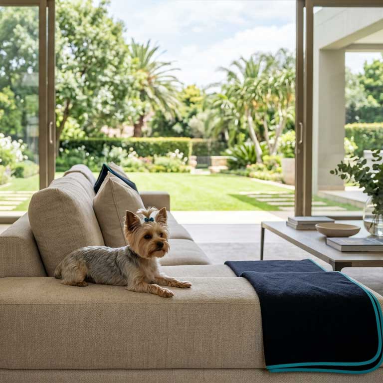 Rehome a Yorkie in Sandton. Yorkshire Terrier resting peacefully inside a private estate living room in Bryanston, Johannesburg.