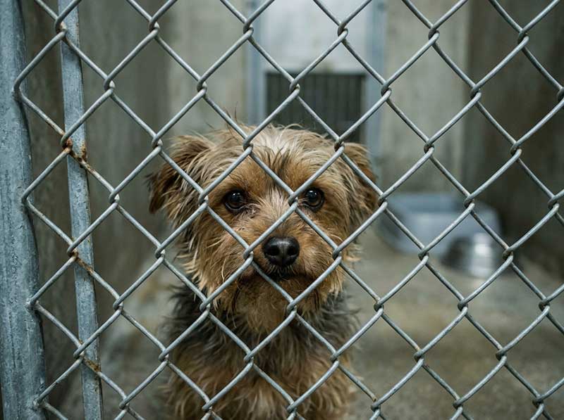 Small Yorkie looking through a metal wire fence in a concrete shelter run.