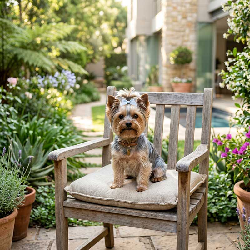 Rehome a Yorkie in Sandton. Yorkshire Terrier sitting on a patio chair in a Sandton residential estate garden in Johannesburg.
