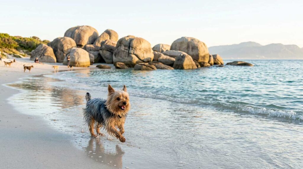 Yorkshire Terrier running joyfully along the beach near Simon's Town in Cape Town.
