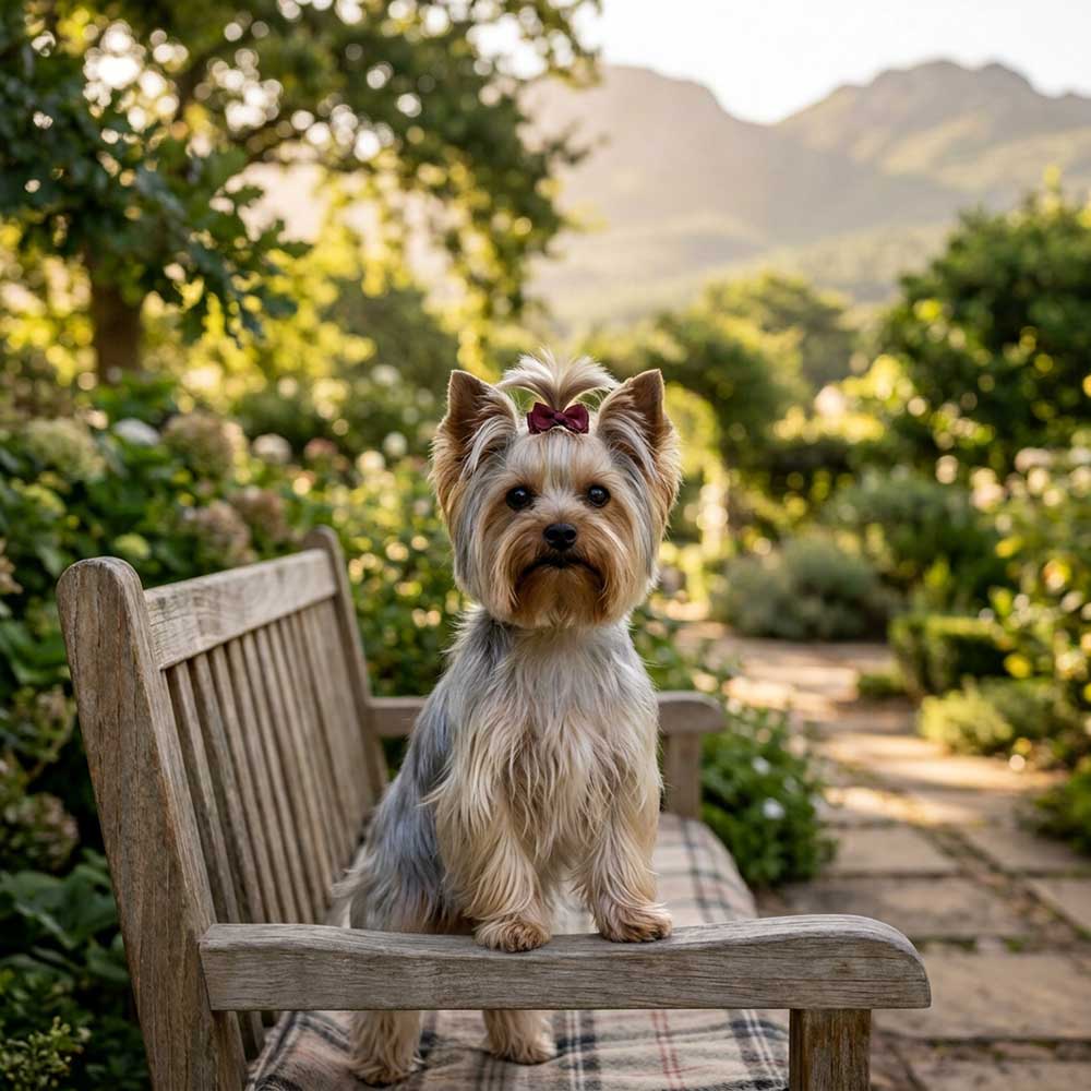 Rehome Your Yorkie in Cape Town. Traditional Yorkshire Terrier sitting gracefully in a Constantia estate garden in Cape Town.