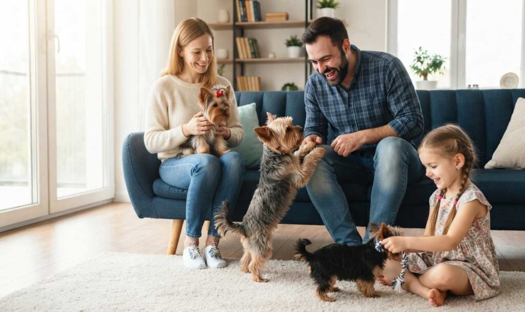 Adoption Application: A happy family with mom, dad, and young daughter playing with Yorkshire Terriers in a loving home environment.