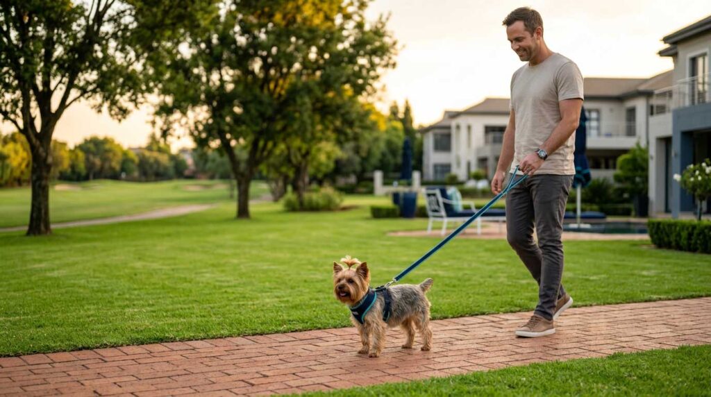 Yorkshire Terrier walking through a secure gated residential estate in Dainfern, Johannesburg.